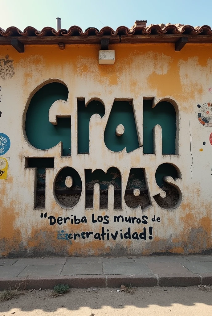 A poster on a deserted exterior wall, Cut into letters, (text: "Gran Tomas") The word, Big bold, Draw inside the cutout, BREAK Art that inspires creators to create images, An aesthetic world that unfolds behind the characters., Add text to the bottom of the screen, (text: "Derriba los muros de la creatividad!")