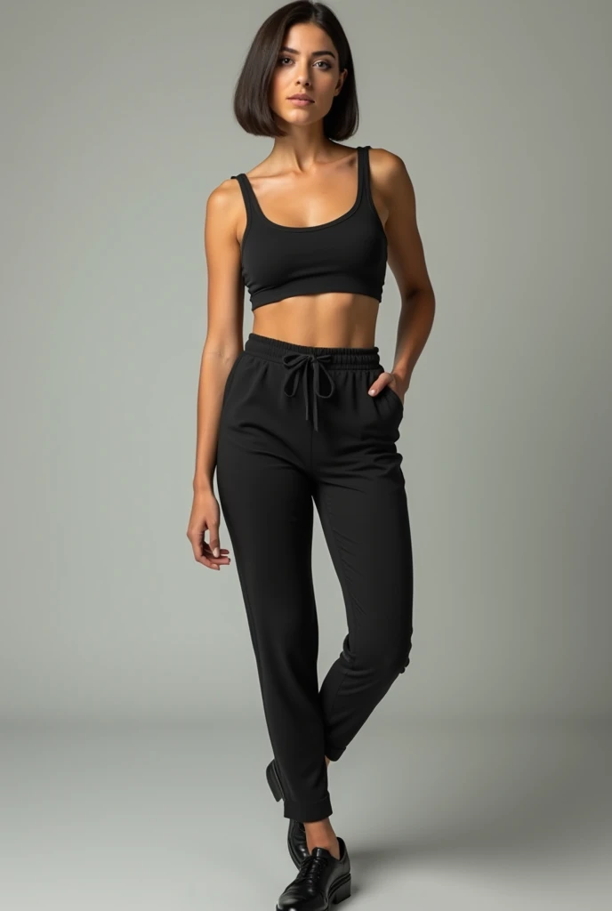 Well dressed spanish woman with a round face and a bob cut and all body covered up accept head.facing straight.have a body of an athlete. Full body image.all body covered up. 