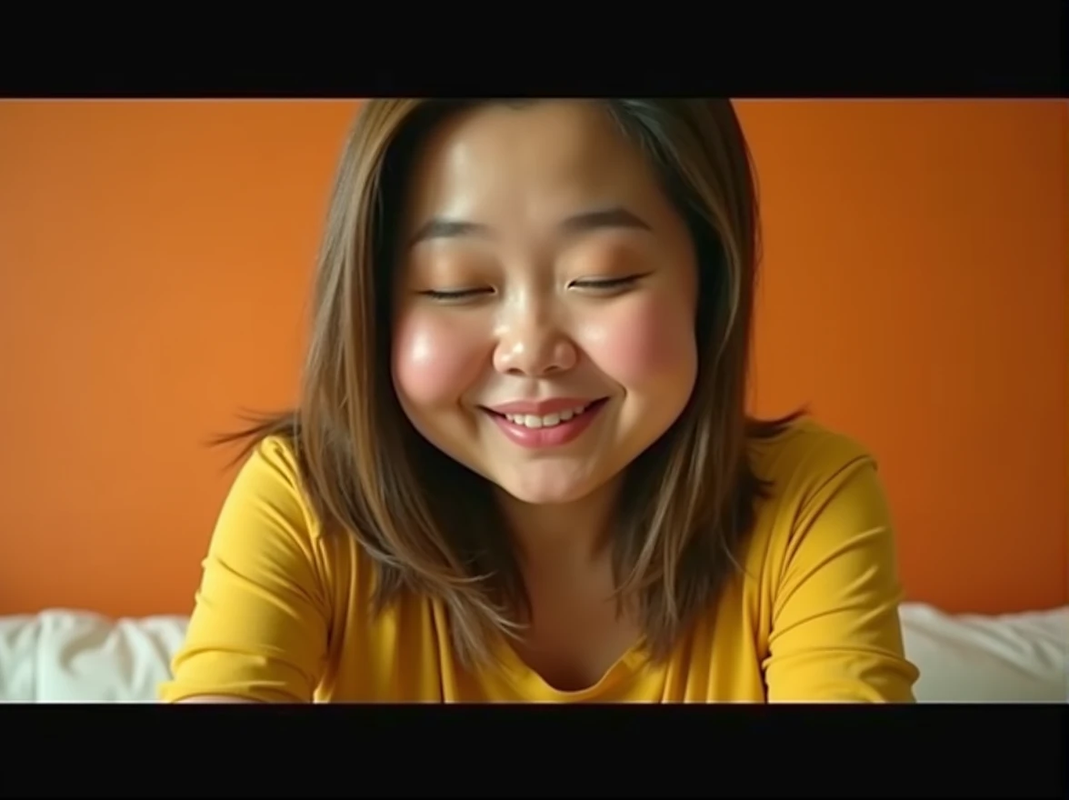 A beautiful woman wearing a yellow shirt has her head inflate to massive proportions, beautiful detailed face and body, extreme stretching, dramatic expression, extreme inflation, cartoonish proportions, massive head and face swelling and stretching