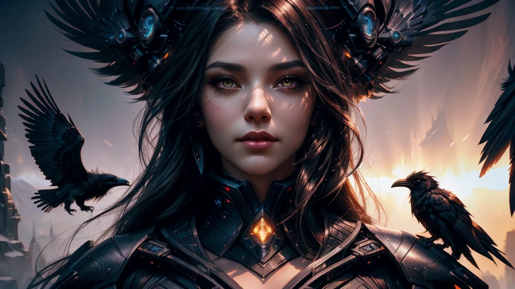 sexyal, fantasy raven style hairs, steel mechanical raven head with hairs, sci-fi, a close up of a sexy woman - sci-FI  with a sci fiorer on her face, Mechanical raven IN HAIRS, glowing light feathers in hairs, fiol glowing eyes, hd , cinematic, cinematic light, dinamic, rossdraws portrait, fantasy concept art portrait, wojtek fus, rossdraws 2. 0, rossdraws 1. 0, rossdraws digital painting, epic fantasy digital art style, cgsociety portrait, rossdraws global illumination, :: rossdraws, alexandra fomina artstation