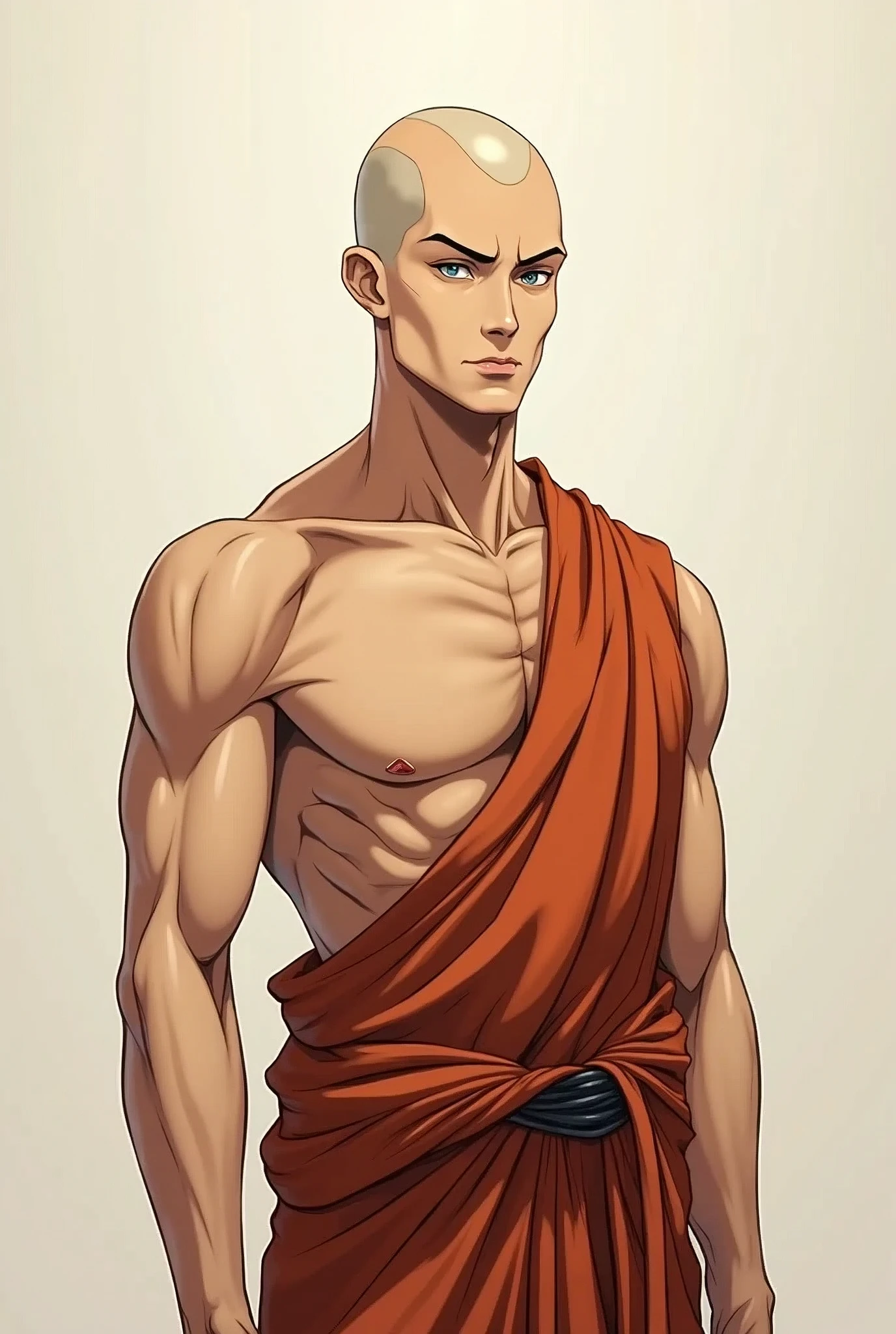make a bald monk with silver eyes without a shirt with a well-defined body with approximately 1,70cm tall full body profile front view with anime style