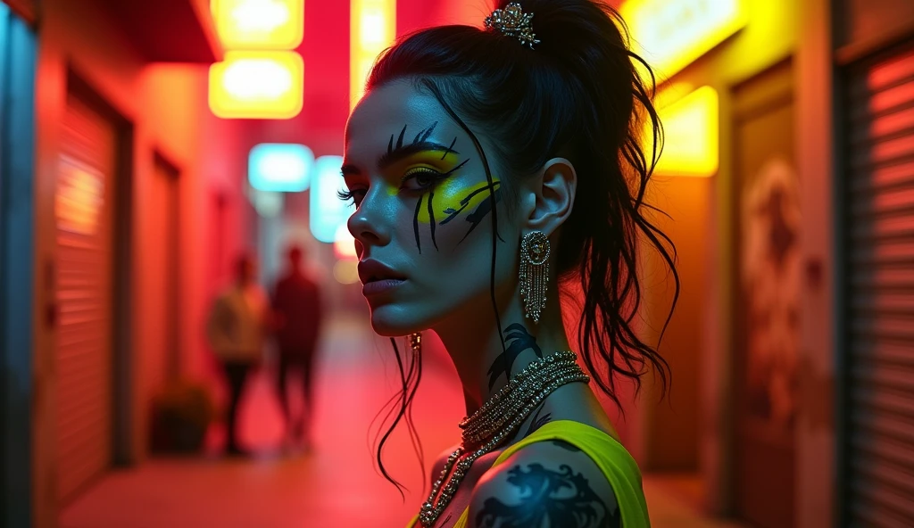 Prompt: Elegant woman walks down a street full of dirt and warm bright neon and tanned aesthetic white skinned lady black yellow neon tattoos on face black yellow hair neon marks face jewelry PERFECT MASTERPIECE, EXTREMELY CG UNIT WALLPAPER DETAILED QUALITY UHD 32K RESOLUTION, PHOTORREALISTIC, RAW PHOTO, PERFECT PHOTOGENIC CLARITY, OFFICIAL ART, AWARD-WINNING PORTRAIT, ULTRA HYPER-REALISTIC, ULTRA HYPER-DETAILED, GLOSSY REALISTIC SKIN, RAY TRACING, UNREAL