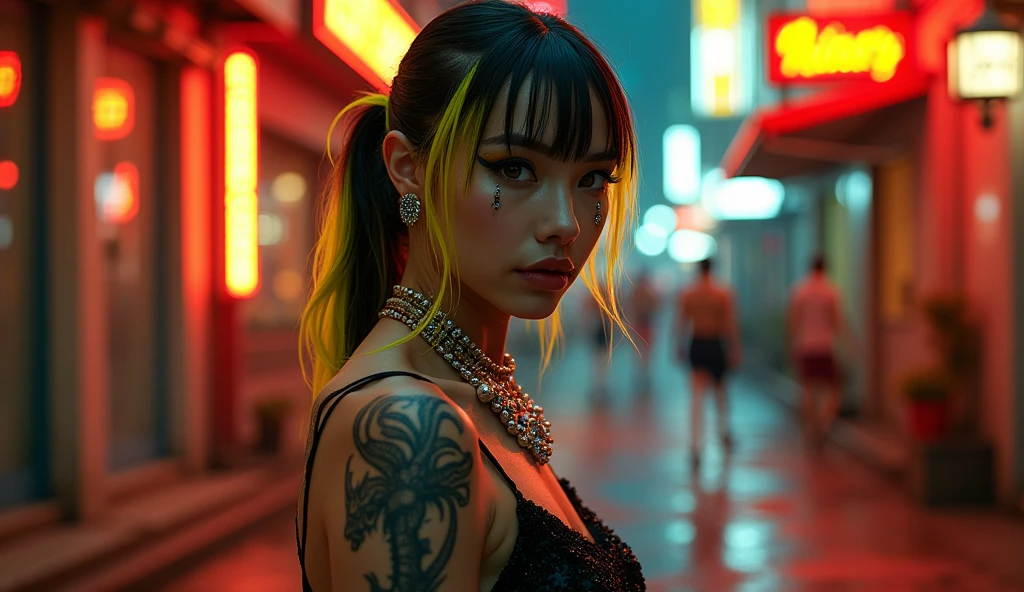 Prompt: Elegant woman walks down a street full of dirt and warm bright neon and tanned aesthetic white skinned lady black yellow neon tattoos on face black yellow hair neon marks face jewelry PERFECT MASTERPIECE, EXTREMELY CG UNIT WALLPAPER DETAILED QUALITY UHD 32K RESOLUTION, PHOTORREALISTIC, RAW PHOTO, PERFECT PHOTOGENIC CLARITY, OFFICIAL ART, AWARD-WINNING PORTRAIT, ULTRA HYPER-REALISTIC, ULTRA HYPER-DETAILED, GLOSSY REALISTIC SKIN, RAY TRACING, UNREAL