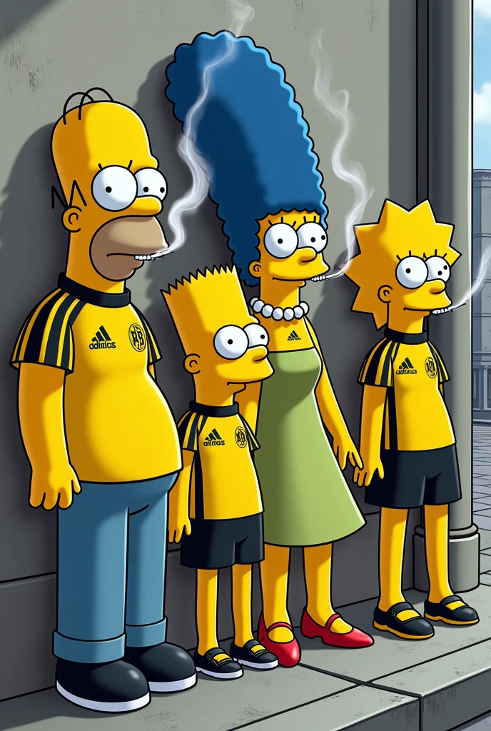 Nelson and his gang from the Simpsons wearing a Borussia Dortmund shirt smoking electronic cigarettes leaning against the wall and looking like thugs