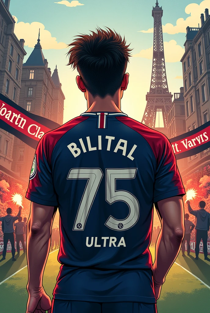 Un joueur de football de dos en manga qui porte le maillot du paris saint germain avec le numero 75 et avec le nom ULTRA dans l'espace avec des représentations des la ville de Paris qui réfléchit et qui se çoncentre en pensant à la ligue des champions et aux ennemis qui devra combattre pour arriver à son objectif avec en arrière plan, des supporters brandissant des echarpes auteuil et des fumigènes. Image qui représente l'espoir la fidélité