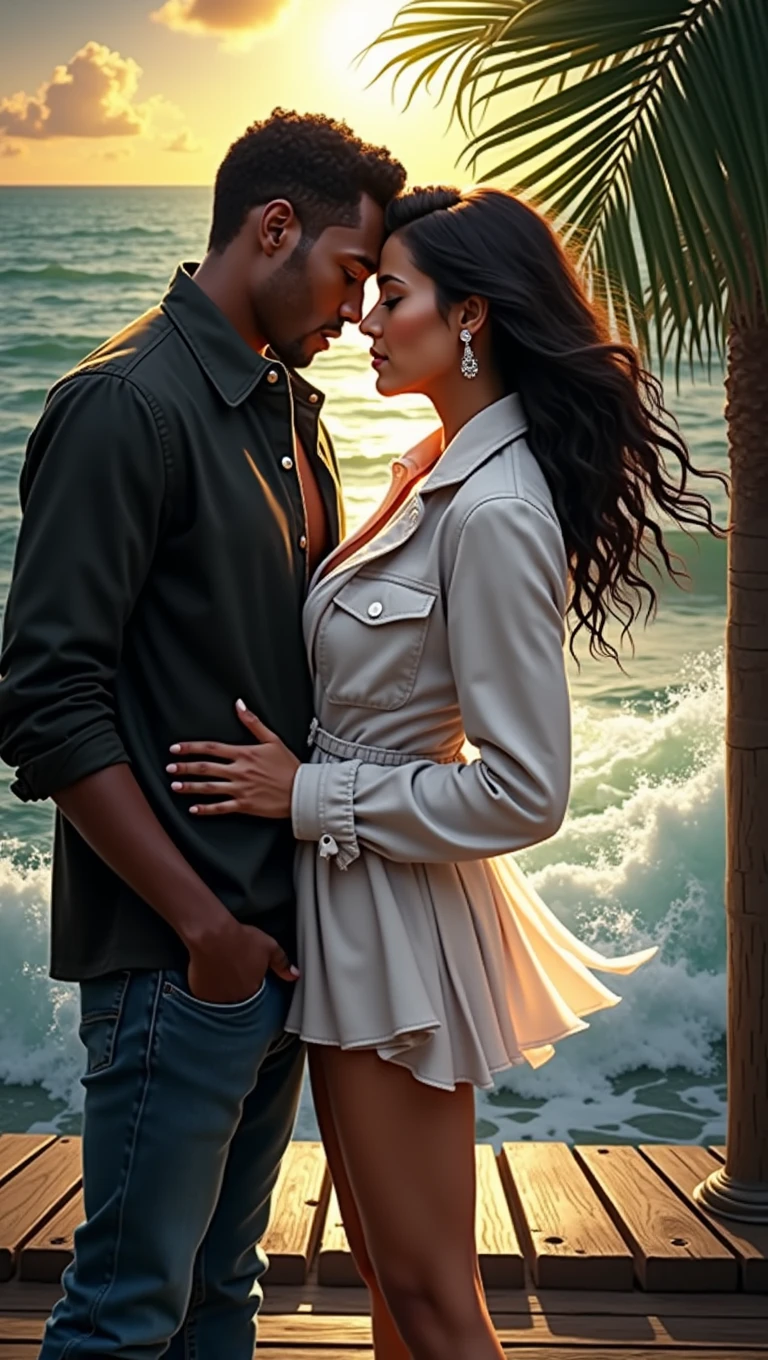 generate an action scene where a couple of lovers (a handsome black man and a Latin woman with dark chocolate skin and a curvy nice body) are on a boardwalk facing the sea, warm colors, be creative and achieve a book cover image