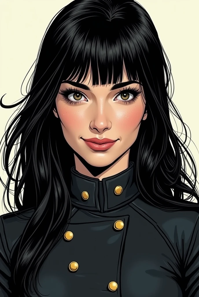A woman with long straight black hair with bangs and white skin, freckles on her nose and a turned up nose, grey eyes and long eyelashes, a black military uniform. with a smiling expression. Draw her in DC comic style