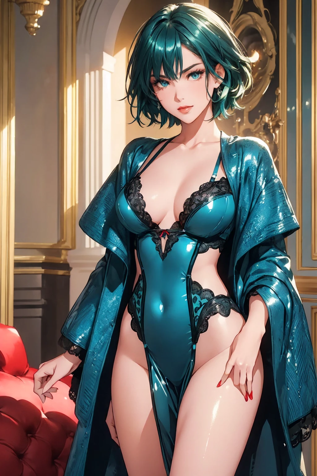 1girl,a beautiful fashion model ,(masterpiece, detailed background, best quality),short and shiny hair, blue green hair, hair with highlights, bangs, smirk,juicy lips,red lips, calmart, lingerie, stripping, elegant makeup, blue eyes, full body shot, (shiny skin), elegant, extravagant