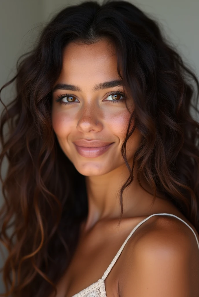 femme colombienne de 26 ans , Elle est brune avec de longs cheveux bouclés avec baby hair qui tombent élégamment sur ses épaules. Son visage est d'une grande beauté, avec des traits délicats et harmonieux. beau sourire radieux et chaleureux qui illumine l'ensemble de son visage
