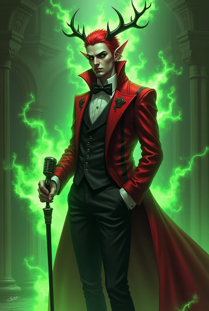 Alastor from Hazbin Hotel who has red hair, Elegant red jacket with black and red stripes, has small deer antlers, He is thin in build, with a cane that has a microphone at the tip . Using a power that is Green Whips , green fire.