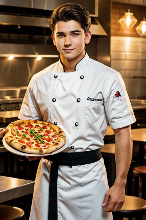 18 year old chef One hand carry plate with pizza handsome boy chef background with restaurant look like handsome