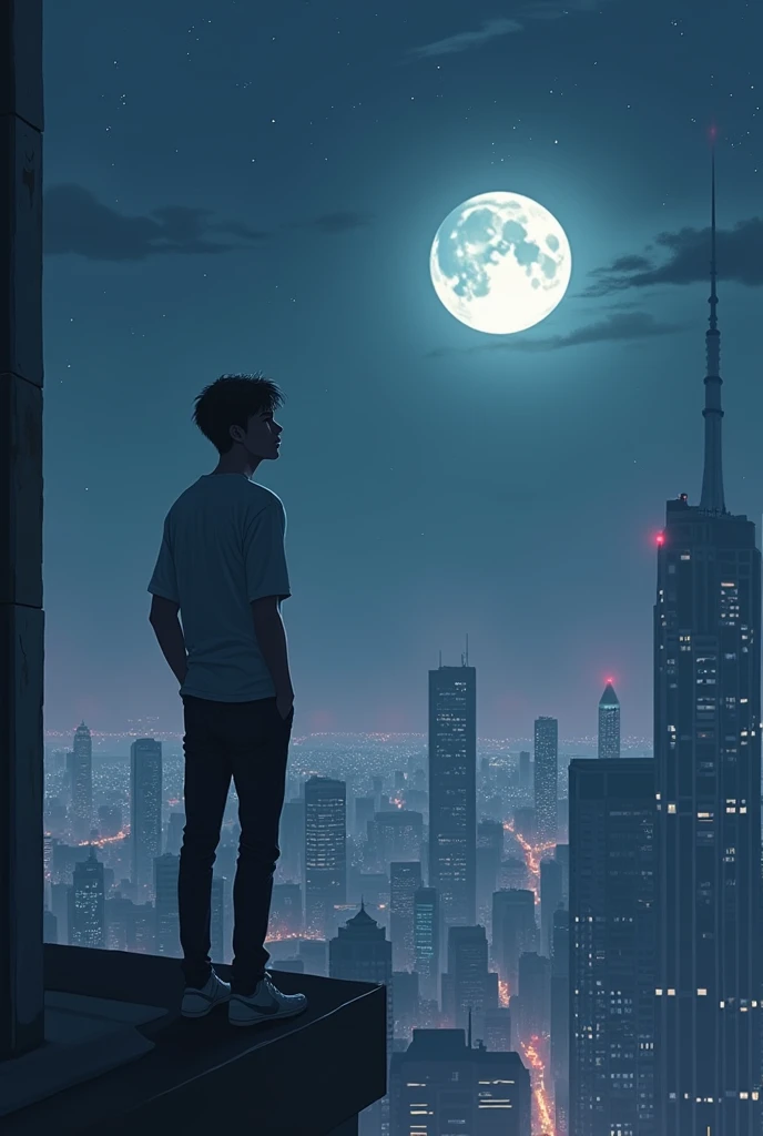Young man looking at the moon from the top of a building