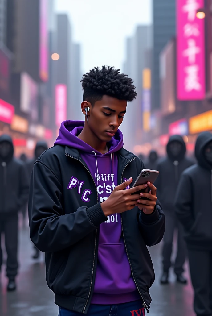 a black skin guy with a bluetooth headset and glasses on his phone he alone in color the rest in black and white he is in the city center he is dressed in purple on his sweater it is written 'la diff c'est moi' he looks at his phone. realistic 8k .  he is between 14-18 years old he has short hair  bit of muscle he is in color in the middle of lots of people in black and white he is the only one in color his skin is not too dark his skin is colored also he wears a criminal hood where it says 'JYC' very short hair he wears a criminal hood he is between 15-19 years old her skin is dark brown hazelnut in color 