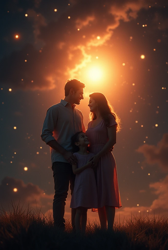 Father Mother Daughter Smiling In space And a sun