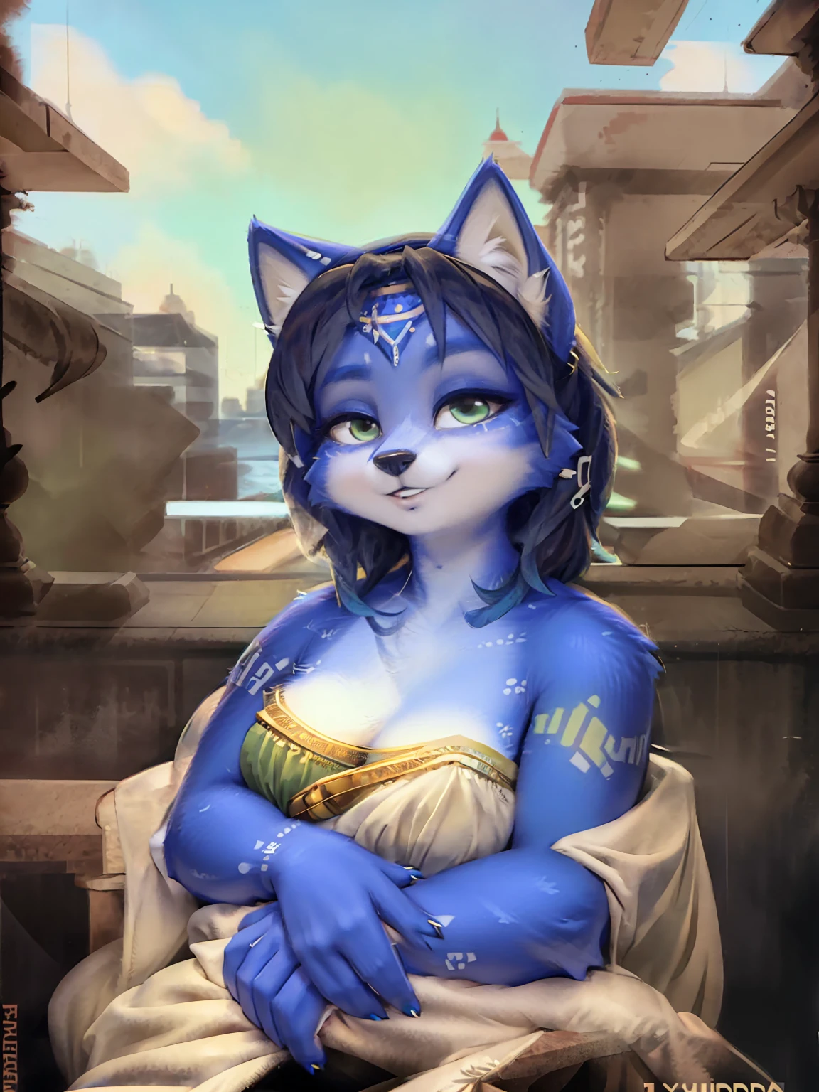 A beautiful and detailed (sweet picture) wa ((krystal)), Star Fox Krystal, sslim, lovable, green eyes, medium breasts, (((Long blue hair 1.3))),  ((Tips for black hair)), Decollete, grin, look up,, anthro, furry, Uploaded E621, detailed fluffy fur, (wa Fluff-Kevlar, Bayard Wu, personalize me, Pino Daeni), detailed face, (fluffy), 1 girl, alone, sweet girl, alone,
