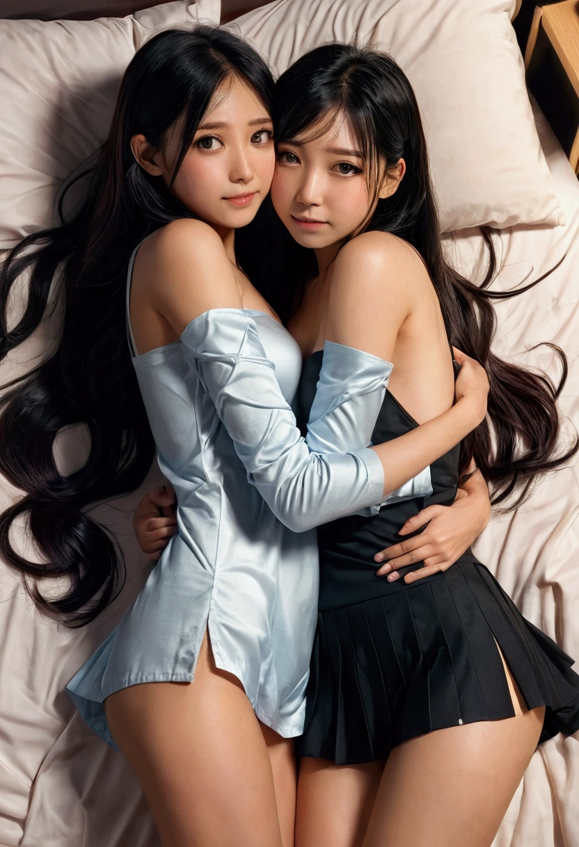 deux femmes ensemble de 18 ans sexy et mince , black short sleeve nightdress , jambe visible , se touche,salle de classe