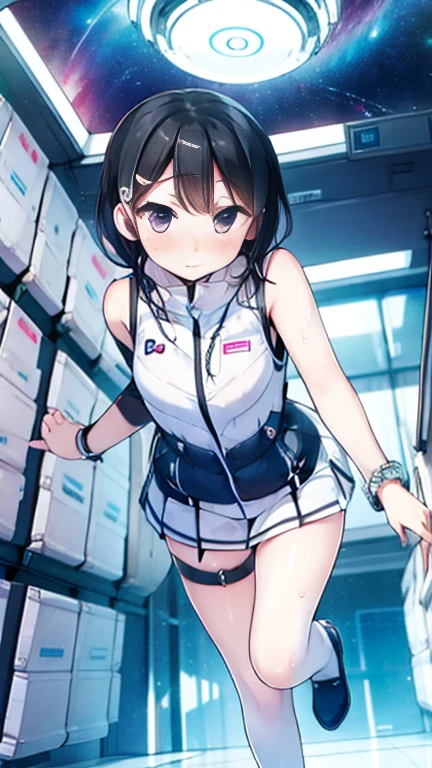 (Highest quality), (masterpiece), 1080P, High resolution, 4K, 8k, Inside the space station、Futuristic room、Thigh straps, Shooting from directly below, The woman on top of me, 白いSweat, Covered , Sweat, Woman looking down, Skirt swimsuit, Thigh-high socks, To achieve this, , , whole body, Black leather shoes, Braided hair, Inner Color, Embarrassed face, Short black hair, bracelet, Bedroom,celestial body_Vest
