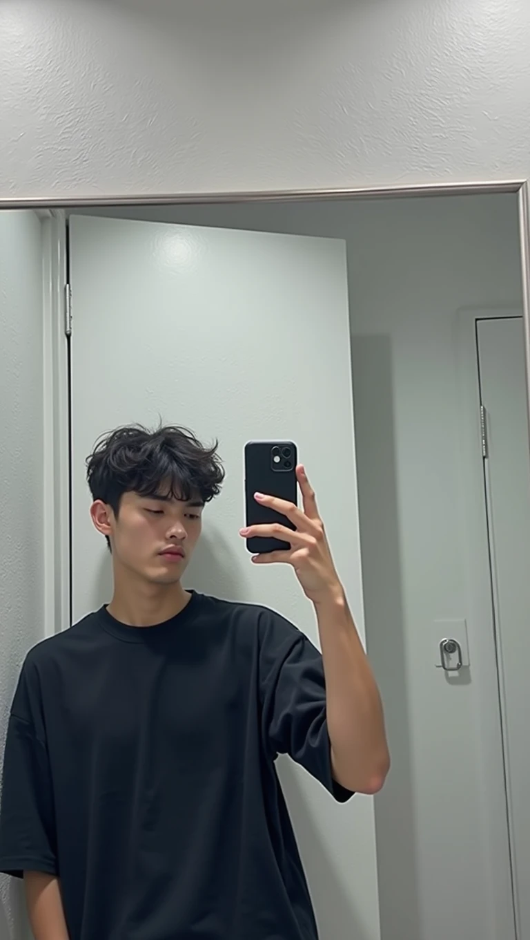 Hiper realistic and natural picture, 18 years boy taking a selfie in the mirror, Looking at the cell phone he is taking the picture on, wearing Black oversized shirt, Baggy jeans, Aesthetic clothing, oversized clothing, pretty boy, cute boy, beautful, short black weavy hair, dark look, modest outfits, short hair, natural hiper real, light brown skin, short weavy hair, perfect face, perfect hands