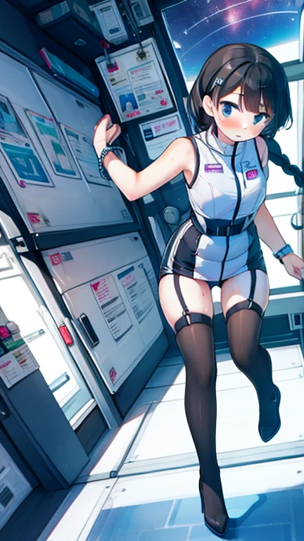 (Highest quality), (masterpiece), 1080P, High resolution, 4K, 8k, Inside the space station、Futuristic room、Thigh straps, Shooting from directly below, The woman on top of me, Nipples, 白いSweat, Covered , Sweat, Woman looking down, Skirt swimsuit, Thigh-high socks, To achieve this, , , whole body, Black leather shoes, Braided hair, Inner Color, Embarrassed face, Short black hair, bracelet, Bedroom,celestial body_Vest
