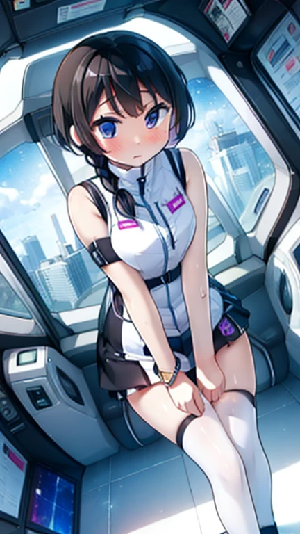 (Highest quality), (masterpiece), 1080P, High resolution, 4K, 8k, Inside the space station、Futuristic room、Thigh straps, Shooting from directly below, The woman on top of me, 白いSweat, Covered , Sweat, Woman looking down, Skirt swimsuit, Thigh-high socks, To achieve this, , , whole body, Black leather shoes, Braided hair, Inner Color, Embarrassed face, Short black hair, bracelet, Bedroom,celestial body_Vest