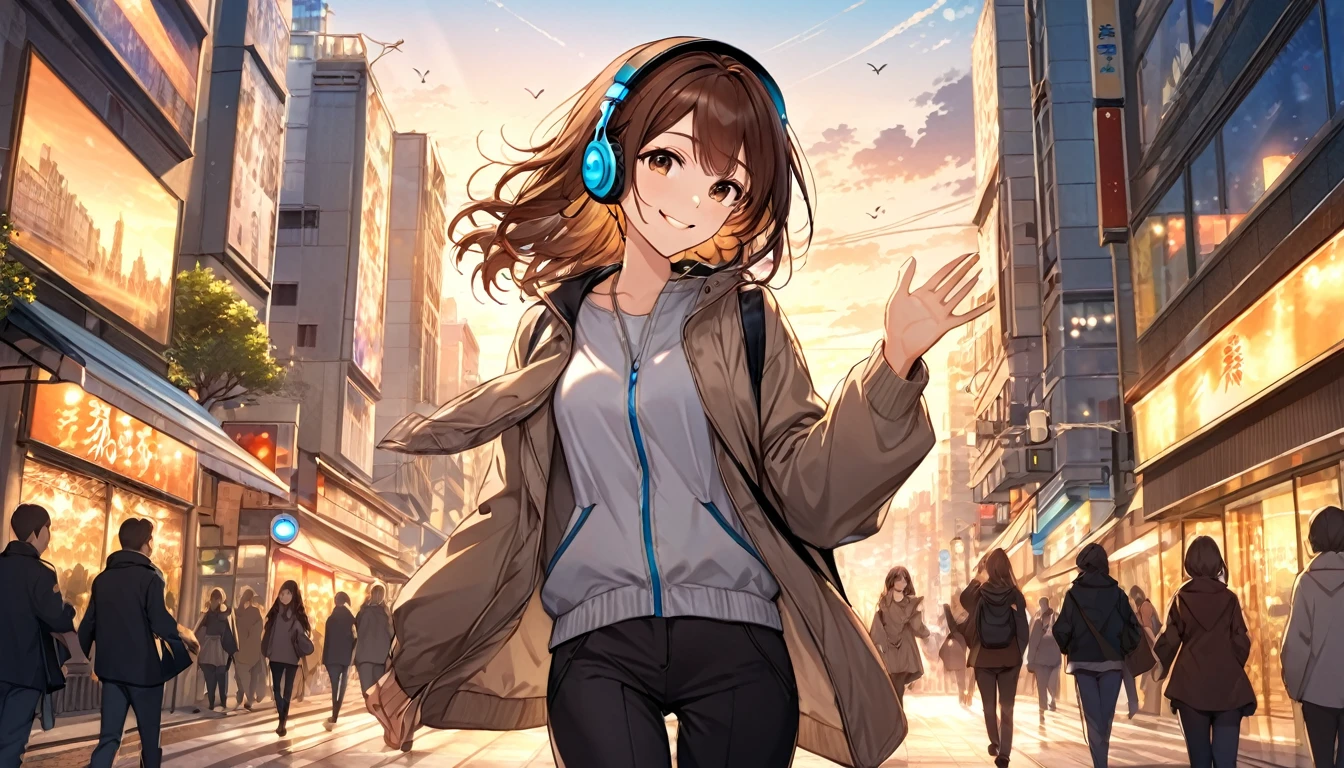 (Brown haired woman wearing headphones), (Walking around the city in the evening listening to background music), (Very detailed, masterpiece, Highest quality, bright), (Anime Style)
background: Cityscape at dusk: Relaxed smiling outfit: Light jacket and pants pose: Scene of walking while waving hands: In the city at dusk、Enjoy a pleasant walk while listening to background music