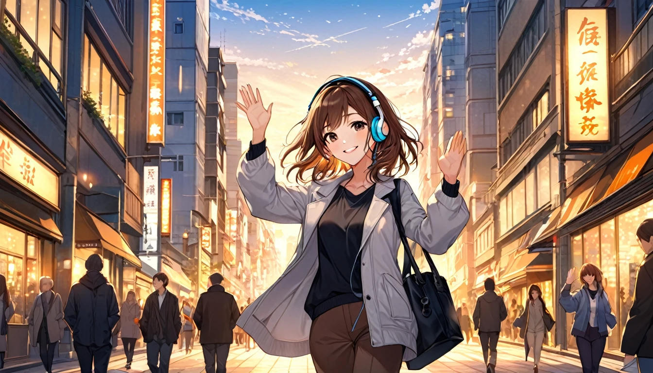 (Brown haired woman wearing headphones), (Walking around the city in the evening listening to background music), (Very detailed, masterpiece, Highest quality, bright), (Anime Style)
background: Cityscape at dusk: Relaxed smiling outfit: Light jacket and pants pose: Scene of walking while waving hands: In the city at dusk、Enjoy a pleasant walk while listening to background music
