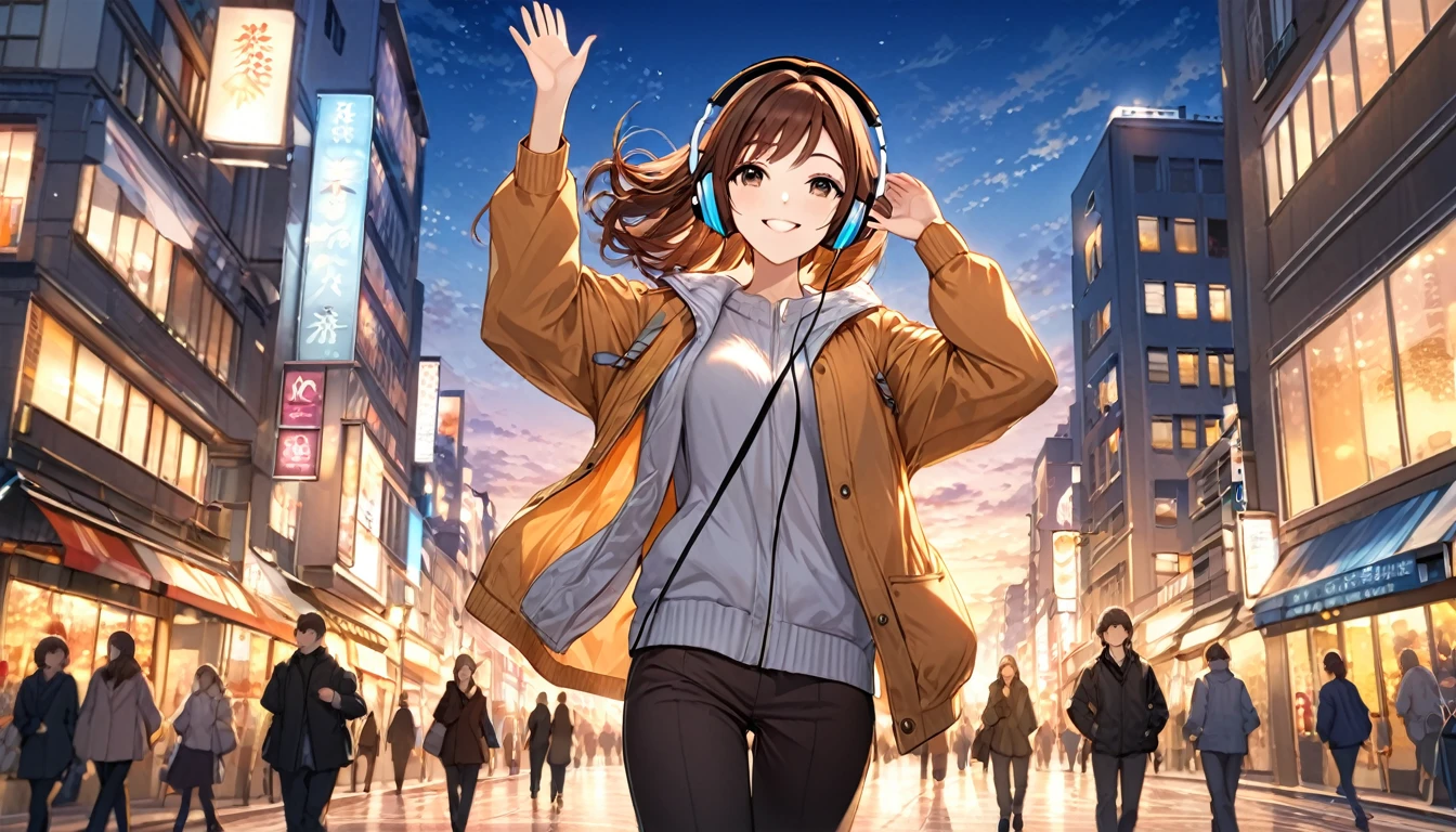 (Brown haired woman wearing headphones), (Walking around the city in the evening listening to background music), (Very detailed, masterpiece, Highest quality, bright), (Anime Style)
background: Cityscape at dusk: Relaxed smiling outfit: Light jacket and pants pose: Scene of walking while waving hands: In the city at dusk、Enjoy a pleasant walk while listening to background music
