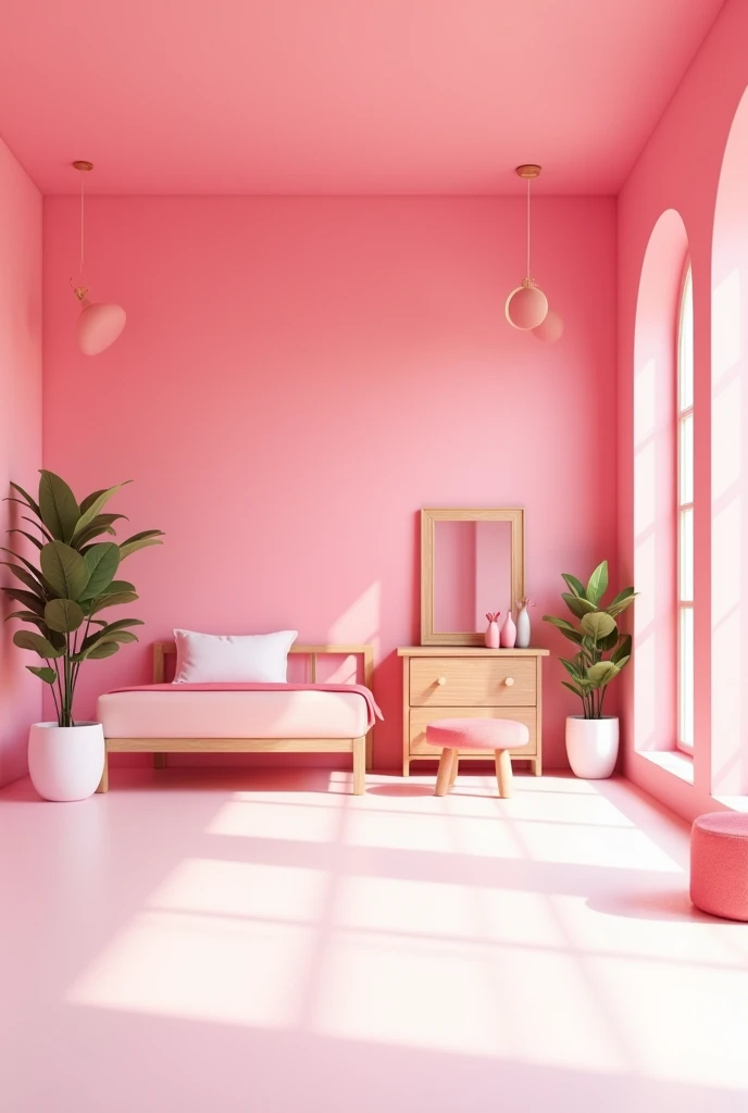 Create a really big girl's room without anyone in the picture , with some furniture and the front completely empty and a very pink wall. And white floor without plants. Very spacious