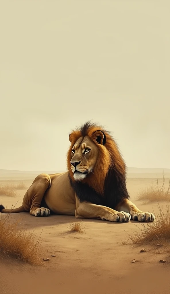 "A lion lying down in a desolate part of the savanna, surrounded by emptiness."