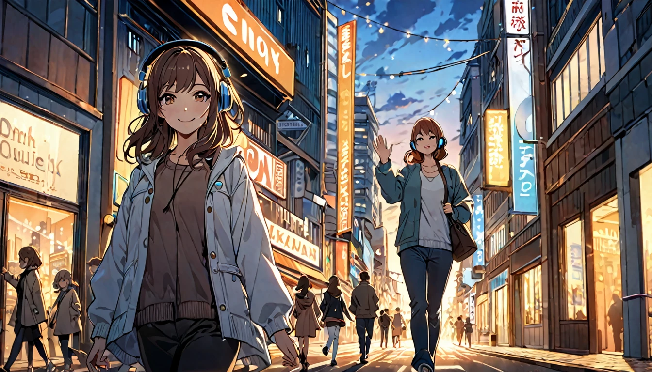(Brown haired woman wearing headphones), (Walking around the city in the evening listening to background music), (Very detailed, masterpiece, Highest quality, bright), (Anime Style)
background: Cityscape at dusk: Relaxed smiling outfit: Light jacket and pants pose: Scene of walking while waving hands: In the city at dusk、Enjoy a pleasant walk while listening to background music
