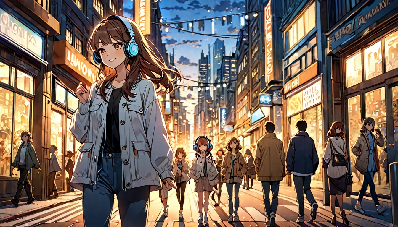 (Brown haired woman wearing headphones), (Walking around the city in the evening listening to background music), (Very detailed, masterpiece, Highest quality, bright), (Anime Style)
background: Cityscape at dusk: Relaxed smiling outfit: Light jacket and pants pose: Scene of walking while waving hands: In the city at dusk、Enjoy a pleasant walk while listening to background music