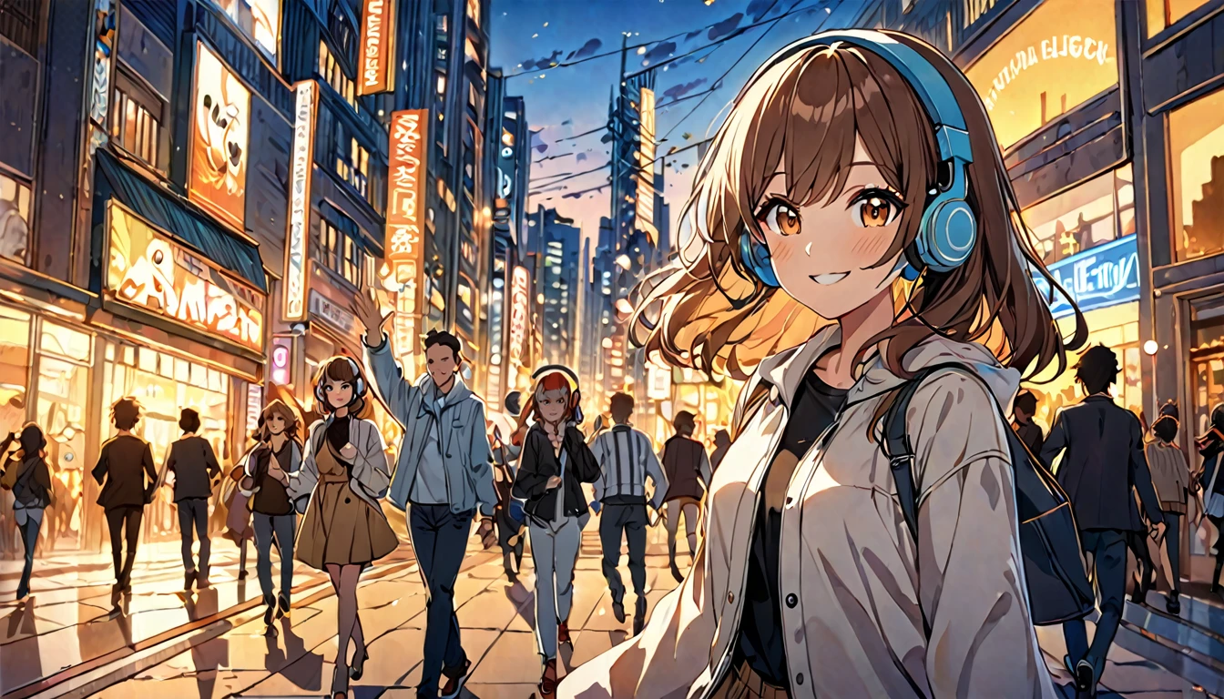 (Brown haired woman wearing headphones), (Walking around the city in the evening listening to background music), (Very detailed, masterpiece, Highest quality, bright), (Anime Style)
background: Cityscape at dusk: Relaxed smiling outfit: Light jacket and pants pose: Scene of walking while waving hands: In the city at dusk、Enjoy a pleasant walk while listening to background music