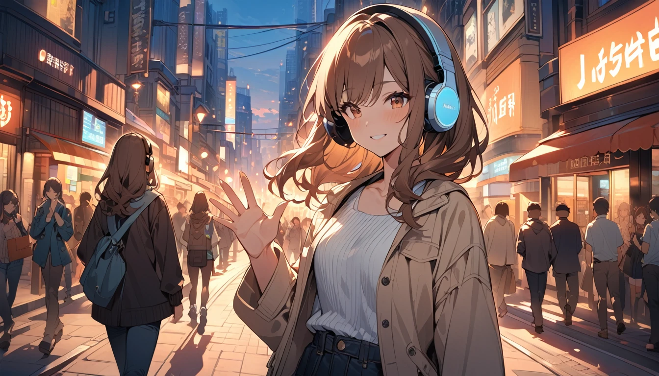 (Brown haired woman wearing headphones), (Walking around the city in the evening listening to background music), (Very detailed, masterpiece, Highest quality, bright), (Anime Style)
background: Cityscape at dusk: Relaxed smiling outfit: Light jacket and pants pose: Scene of walking while waving hands: In the city at dusk、Enjoy a pleasant walk while listening to background music
