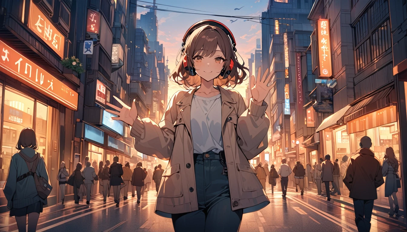 (Brown haired woman wearing headphones), (Walking around the city in the evening listening to background music), (Very detailed, masterpiece, Highest quality, bright), (Anime Style)
background: Cityscape at dusk: Relaxed smiling outfit: Light jacket and pants pose: Scene of walking while waving hands: In the city at dusk、Enjoy a pleasant walk while listening to background music
