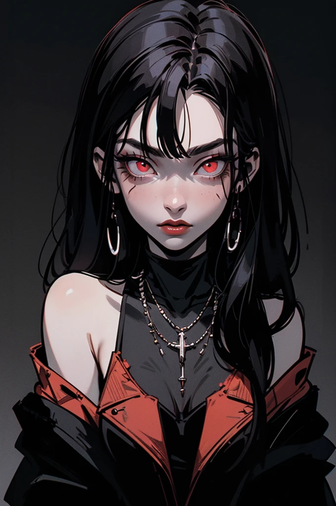 Goth girl 1girl, solo, long hair, looking at viewer, red eyes, jewelry, necklace, makeup, lipstick, black background, portrait, glowing eyes, by vergvoktre, dramatic, gritty, intense, distorted face, nightmare, intricate details, hyperdetailed, cinematic, dark shot, film grainy, soothing tones, muted colors, technicolor BREAK outdoors, twilight, raytracing BREAK d4rk4rt artstyle, monochrome, greyscale
