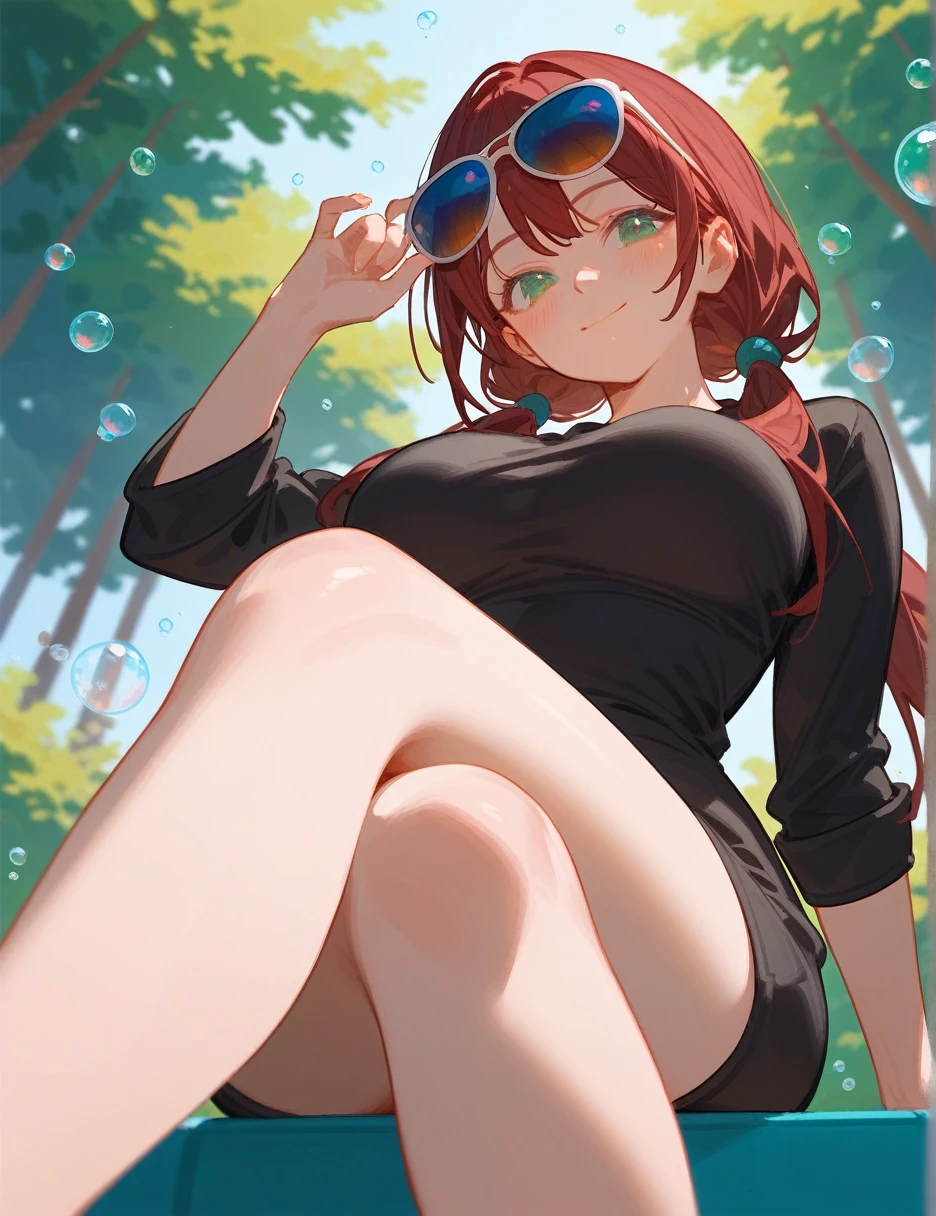 (from below:0.4), score_9_up,score_8_up, 1girl, solo, green eyes, burgundy hair, twin low tails, long hair, ((blush)), black top, closed mouth, smile, big breast, pose, ((sitting)), (thin girl:1.2), (bubbles), ((entertainment park)), sunglasses,