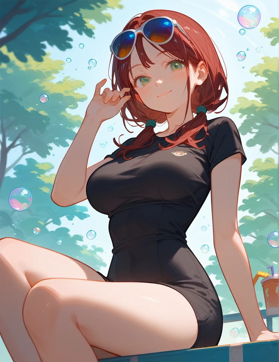 (from below:0.4), score_9_up,score_8_up, 1girl, solo, green eyes, burgundy hair, twin low tails, long hair, ((blush)), black top, closed mouth, smile, big breast, pose, ((sitting)), (thin girl:1.2), (bubbles), ((entertainment park)), sunglasses,