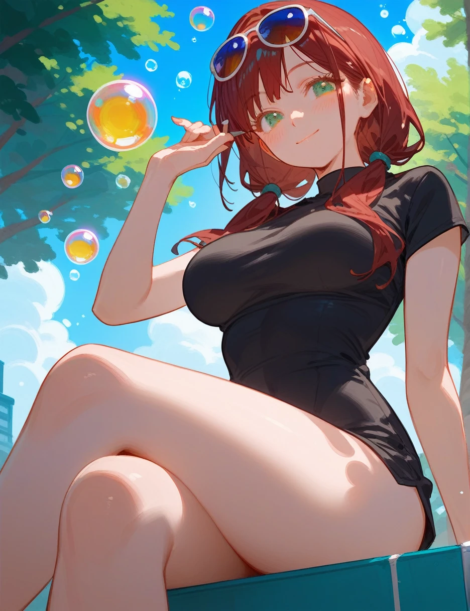 (from below:0.4), score_9_up,score_8_up, 1girl, solo, green eyes, burgundy hair,  twin low tails, long hair, ((blush)), black top, closed mouth, smile, big breast, pose, ((sitting)),  (thin girl:1.2), (bubbles), ((entertainment park)), sunglasses, 