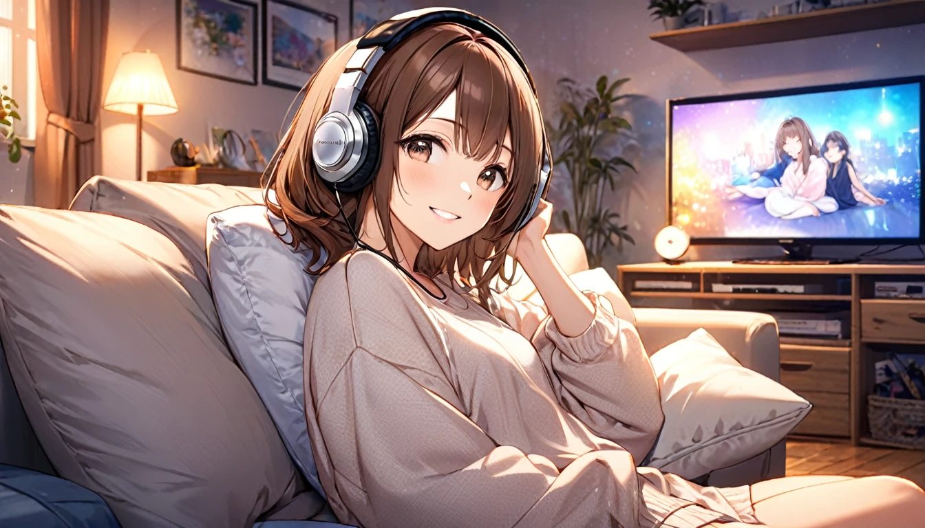 (Brown haired woman wearing headphones), (Relaxing in your room on a Friday night listening to background music), (Very detailed, masterpiece, Highest quality, bright), (Anime Style)
background: Relaxed lighting in the room: Relaxed Smile Costume: Casual home wear pose: Sitting on the sofa、A scene of a person enjoying background music while holding a cushion: End the week with some good music
