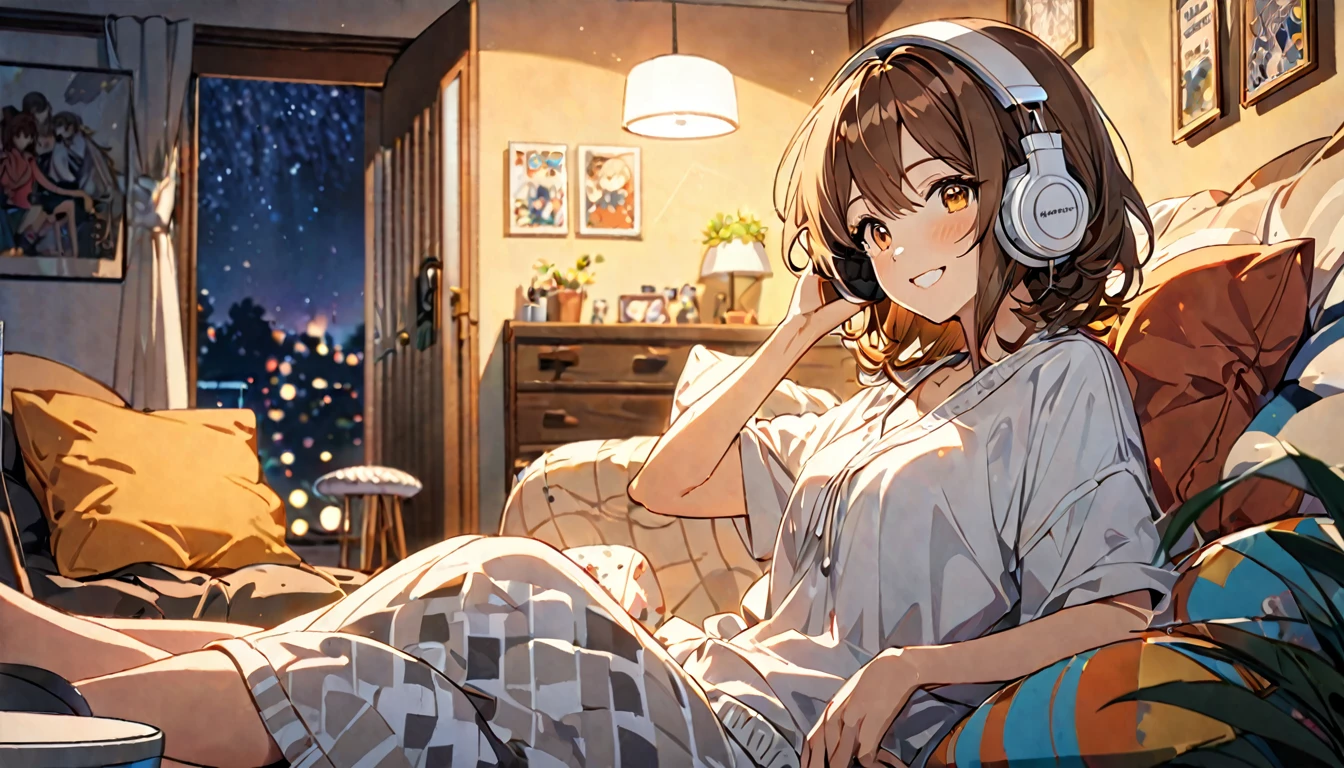 (Brown haired woman wearing headphones), (Relaxing in your room on a Friday night listening to background music), (Very detailed, masterpiece, Highest quality, bright), (Anime Style)
background: Relaxed lighting in the room: Relaxed Smile Costume: Casual home wear pose: Sitting on the sofa、A scene of a person enjoying background music while holding a cushion: End the week with some good music