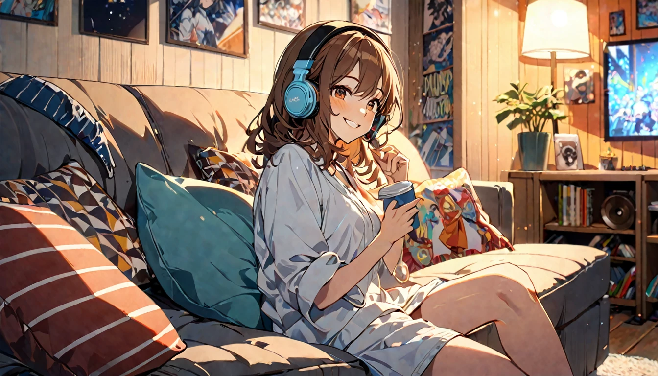 (Brown haired woman wearing headphones), (Relaxing in your room on a Friday night listening to background music), (Very detailed, masterpiece, Highest quality, bright), (Anime Style)
background: Relaxed lighting in the room: Relaxed Smile Costume: Casual home wear pose: Sitting on the sofa、A scene of a person enjoying background music while holding a cushion: End the week with some good music