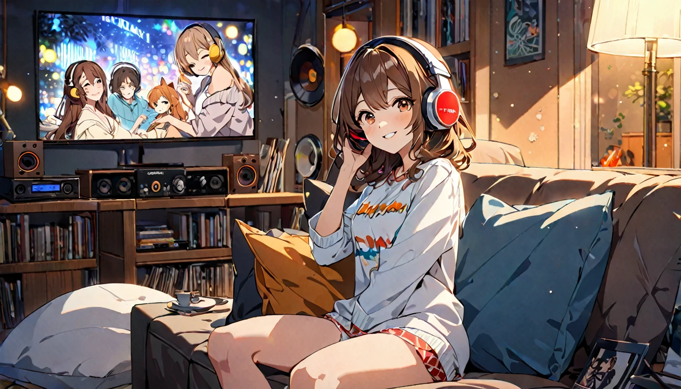 (Brown haired woman wearing headphones), (Relaxing in your room on a Friday night listening to background music), (Very detailed, masterpiece, Highest quality, bright), (Anime Style)
background: Relaxed lighting in the room: Relaxed Smile Costume: Casual home wear pose: Sitting on the sofa、A scene of a person enjoying background music while holding a cushion: End the week with some good music