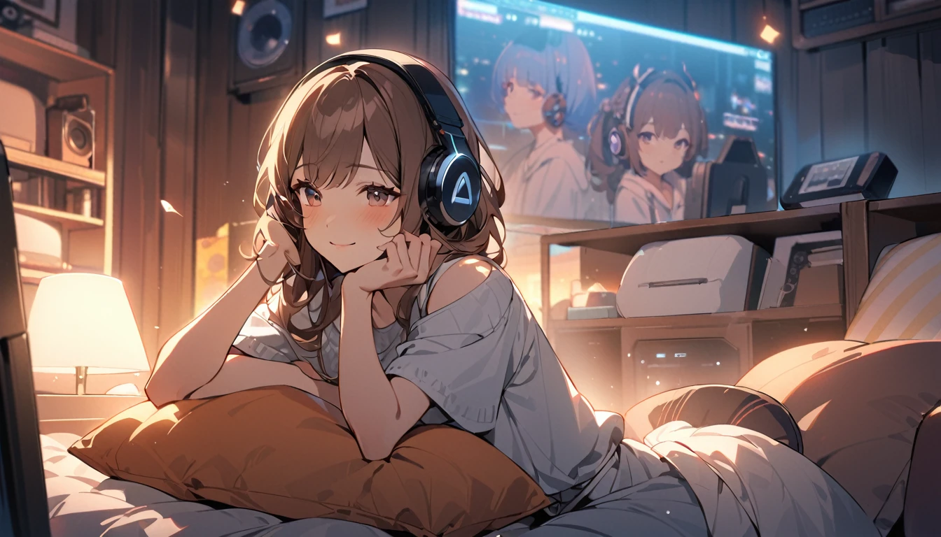 (Brown haired woman wearing headphones), (Relaxing in your room on a Friday night listening to background music), (Very detailed, masterpiece, Highest quality, bright), (Anime Style)
background: Relaxed lighting in the room: Relaxed Smile Costume: Casual home wear pose: Sitting on the sofa、A scene of a person enjoying background music while holding a cushion: End the week with some good music