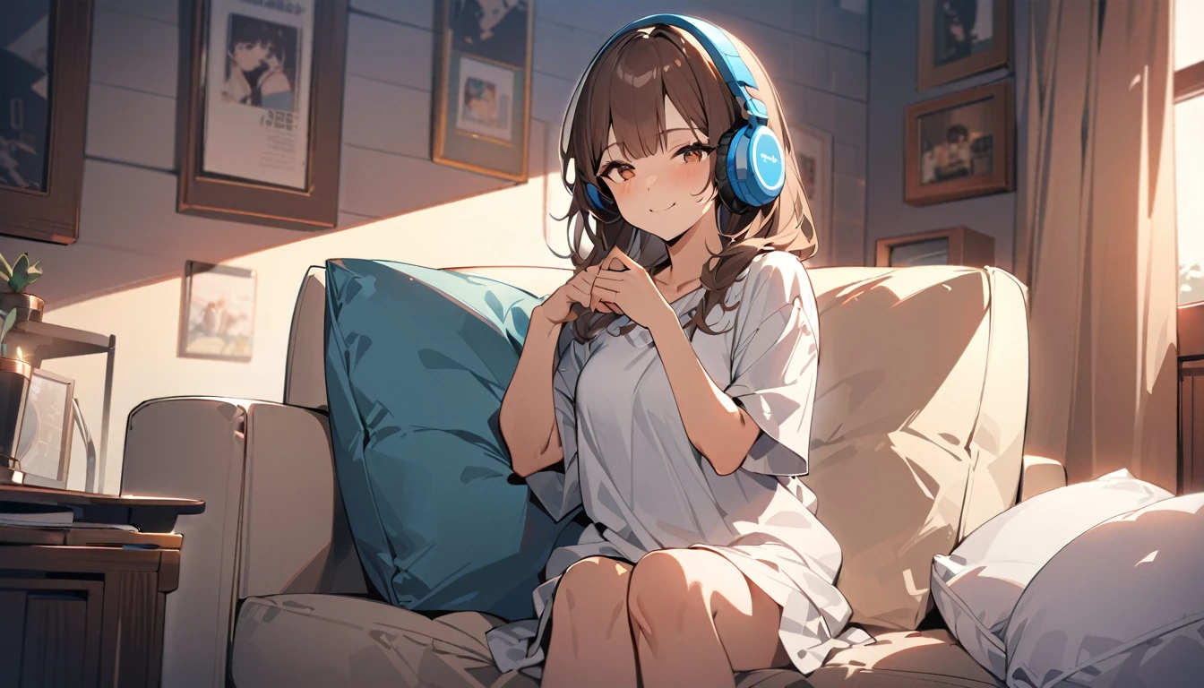 (Brown haired woman wearing headphones), (Relaxing in your room on a Friday night listening to background music), (Very detailed, masterpiece, Highest quality, bright), (Anime Style)
background: Relaxed lighting in the room: Relaxed Smile Costume: Casual home wear pose: Sitting on the sofa、A scene of a person enjoying background music while holding a cushion: End the week with some good music