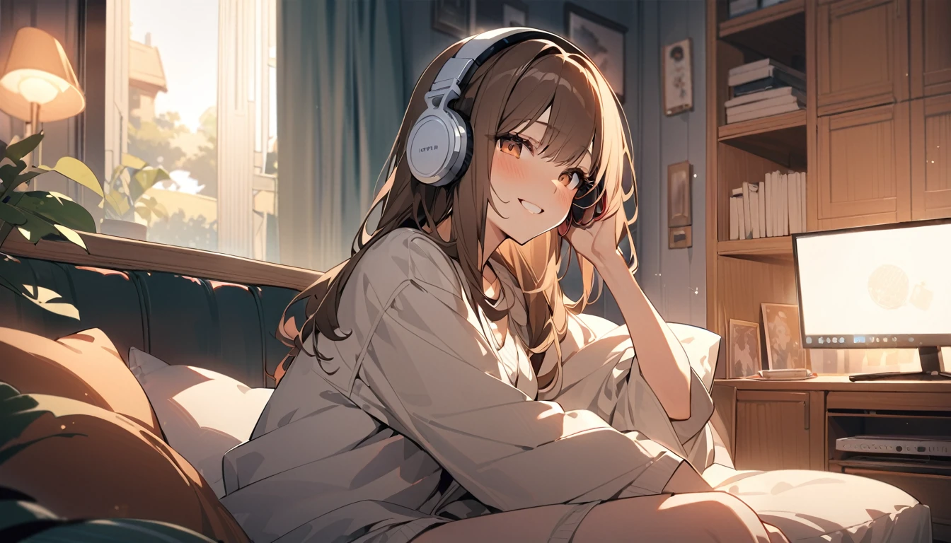 (Brown haired woman wearing headphones), (Relaxing in your room on a Friday night listening to background music), (Very detailed, masterpiece, Highest quality, bright), (Anime Style)
background: Relaxed lighting in the room: Relaxed Smile Costume: Casual home wear pose: Sitting on the sofa、A scene of a person enjoying background music while holding a cushion: End the week with some good music