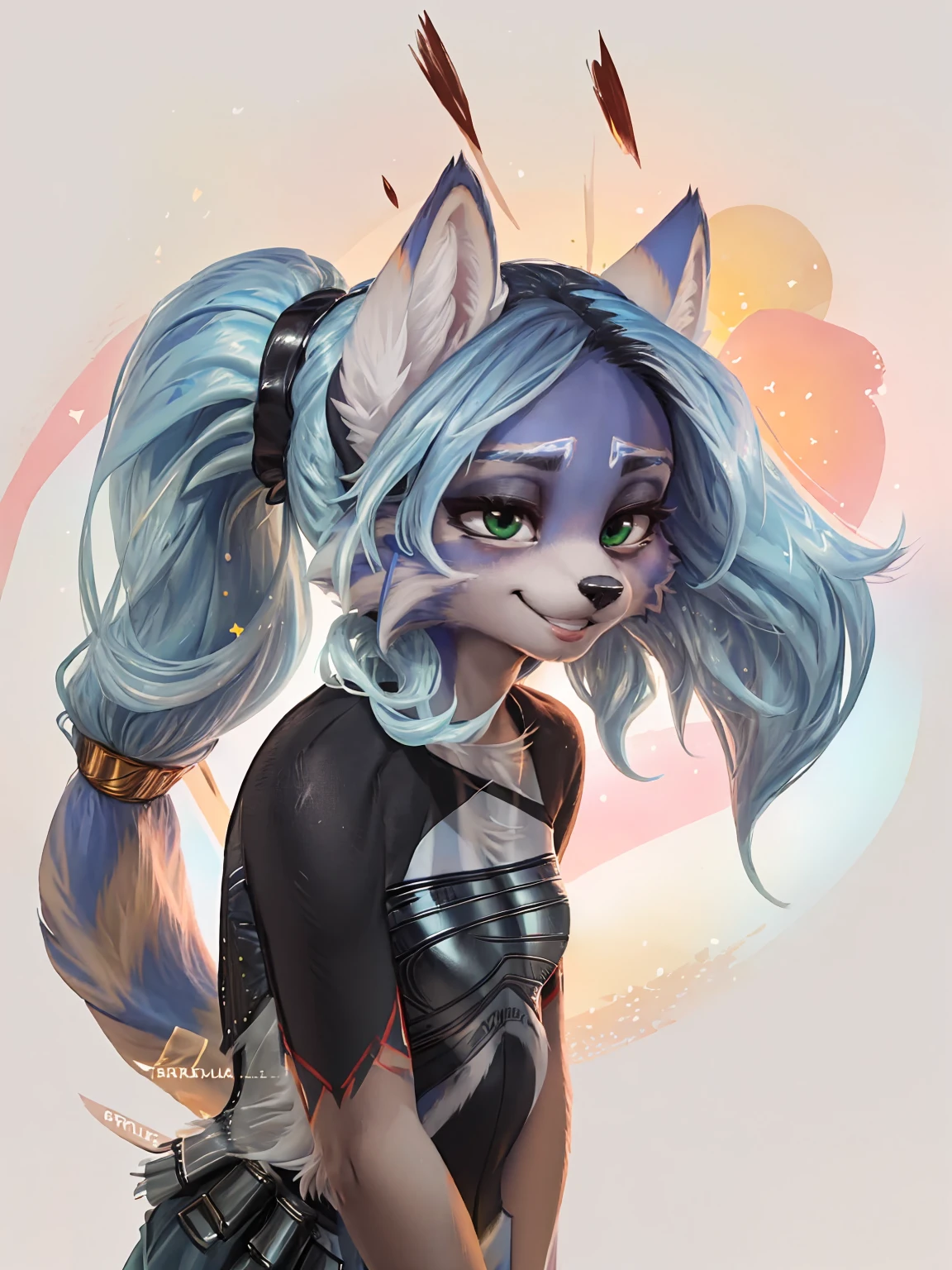 A beautiful and detailed (sweet picture) wa ((krystal)), Star Fox Krystal, sslim, lovable, green eyes, medium breasts, (((Long blue hair 1.3))),  ((Tips for black hair)), Decollete, grin, look up,, anthro, furry, Uploaded E621, detailed fluffy fur, (wa Fluff-Kevlar, Bayard Wu, personalize me, Pino Daeni), detailed face, (fluffy), 1 girl, alone, sweet girl, alone,
