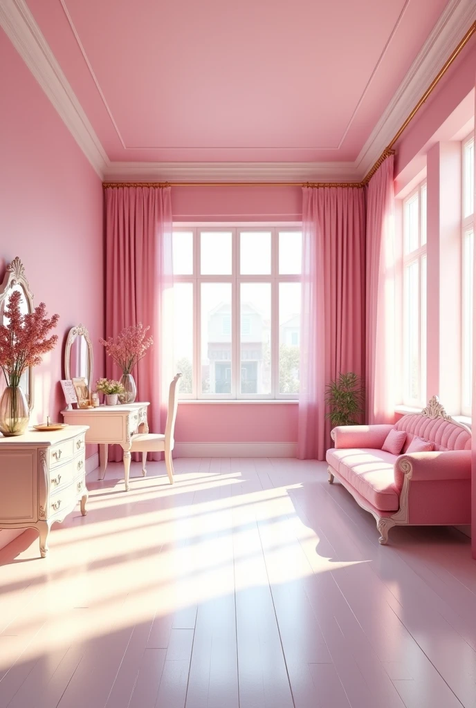 Create a really big girl&#39;s room without anyone in the picture , with some furniture and the front completely empty and a very pink wall. And white floor without plants.  Very spacious