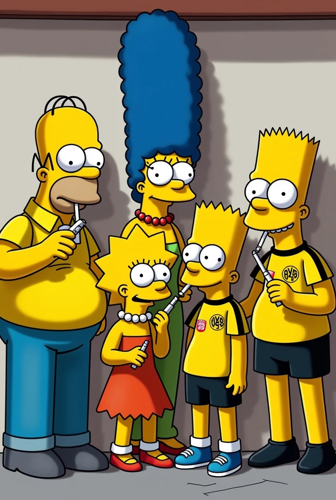 Make an image of several Simpsons characters leaning against the wall smoking an electronic cigarette wearing a Borussia Dortmund shirt