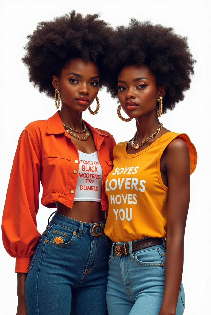 2 curvy, fierce, slim black girls in trendy clothing with positive messages on them with a white background .