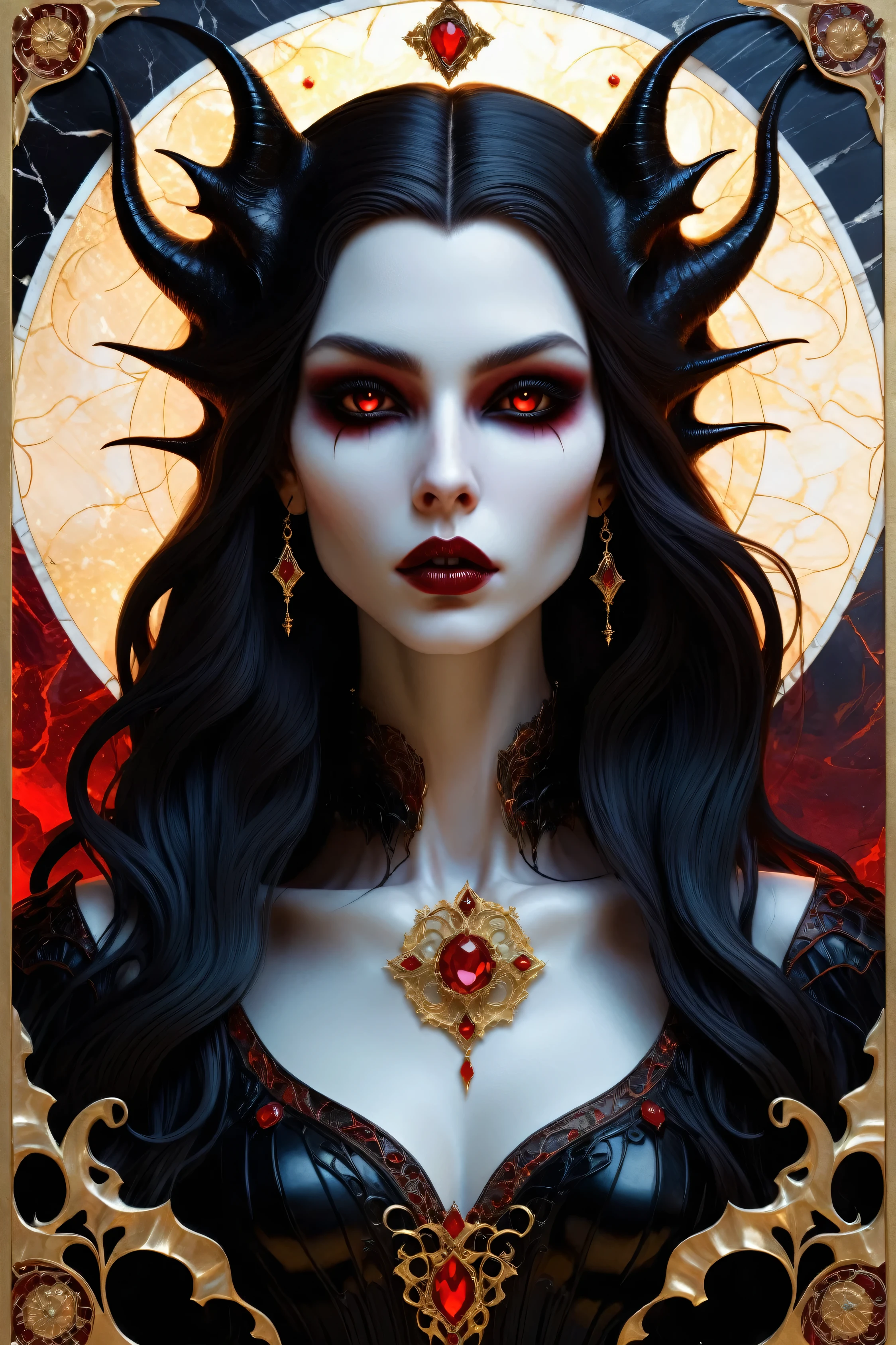 a beautiful illustration of a vampire woman with glowing eyes in an abstract marble texture with a tarot style frame, with colors of obsidian black, shiny gold, and ruby red, highly detailed, intricate design, BY Anne Bachelier,